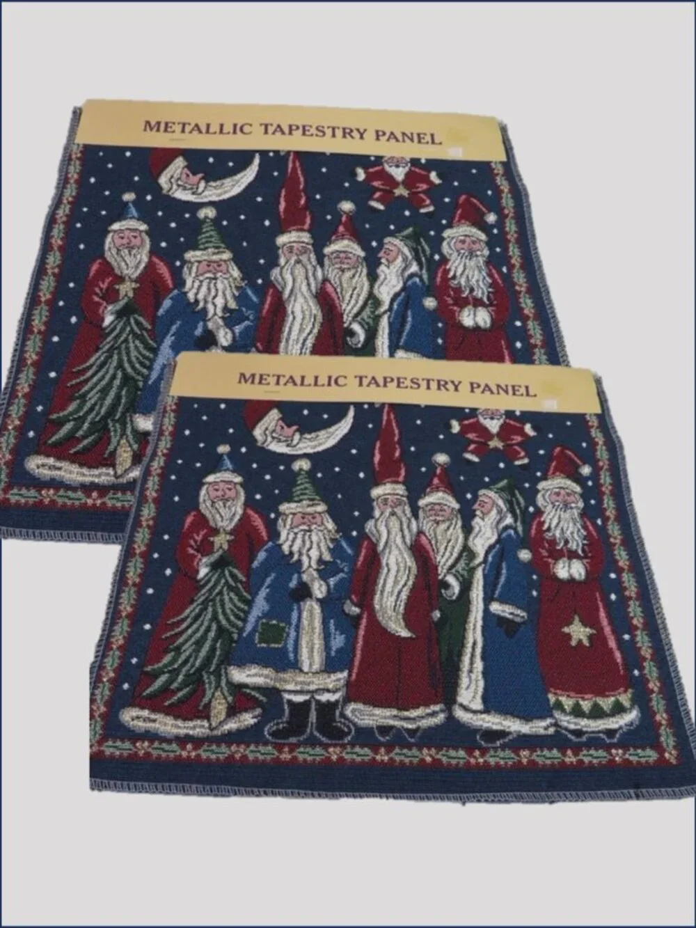 Vintage Santas Around the World Metallic Tapestry 12x12 Panels Pair 2 Moon Night